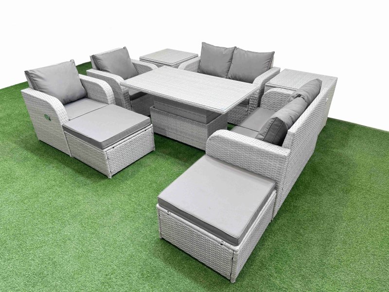 Fimous 8 Seater Outdoor Reclining Chair Love Sofa Set Rattan Garden Furniture Set with Adjustable Lifting Dining or Coffee Table 2 Big FootStools 2 Side Table Light Grey
