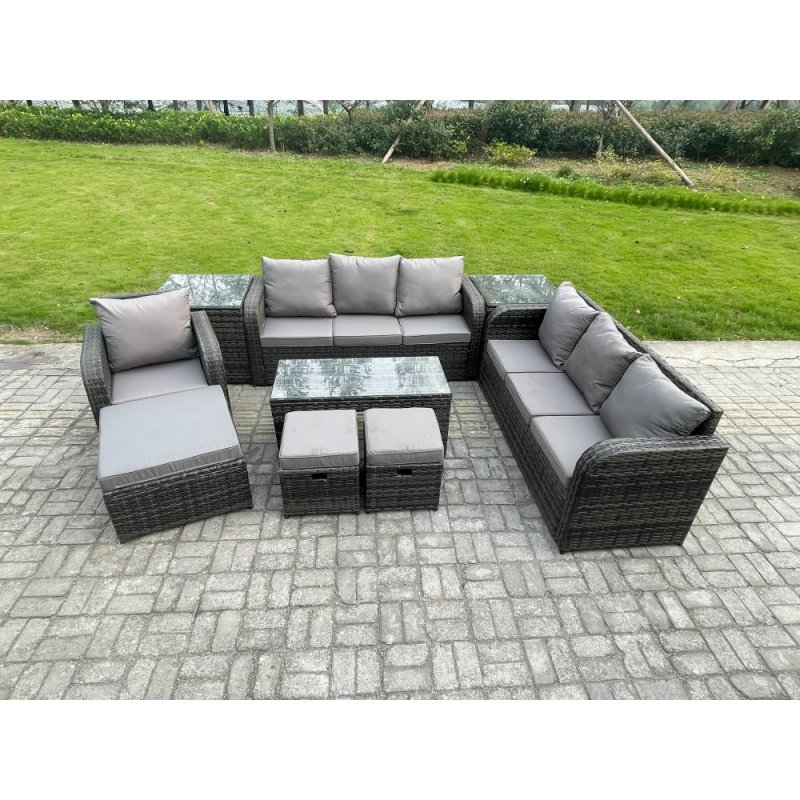 Fimous Outdoor Lounge Sofa Set 10 Seater Rattan Garden Furniture Set with Rectangular Coffee Table 3 Footstools 3 Seater Sofa 2 Side Tables Dark Grey Mixed
