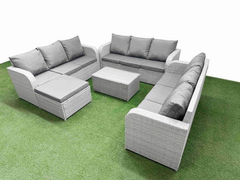 Fimous PE Rattan Lounge Sofa Set 10 Seater Outdoor Garden Furniture Set with Rectangular Coffee Table 3 Seater Sofa Big Footstool Light Grey
