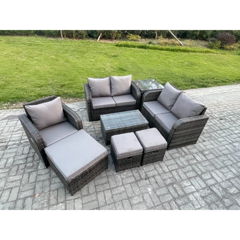 Fimous High Back Rattan Garden Furniture Set with Loveseat Sofa Rectangular Coffee Table 3 Footstools Side Table Indoor Outdoor Patio Lounge Sofa Set Dark Grey Mixed