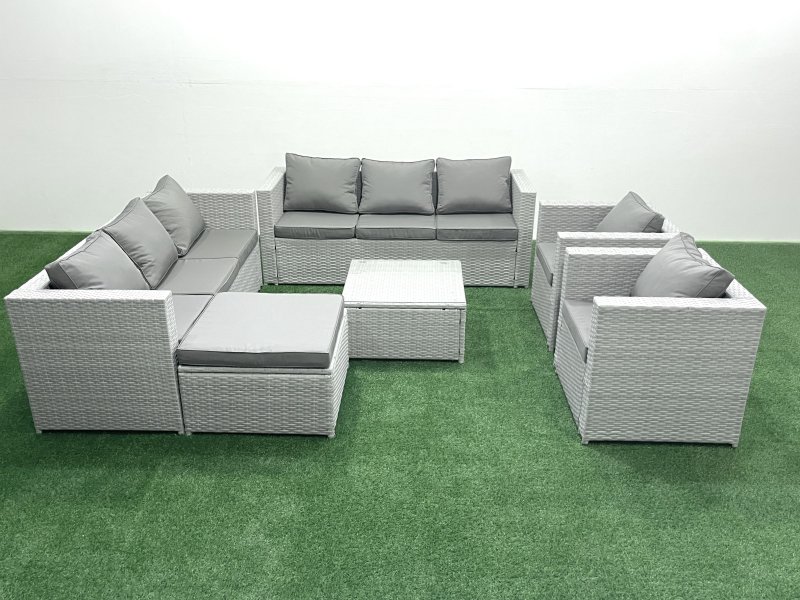 Fimous Outdoor Rattan Sofa Garden Furniture Set with 2 Armchairs Square Coffee Table Big Footstool Light Grey Mixed