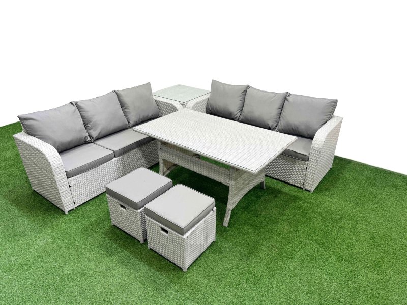 Fimous Outdoor Garden Furniture Sets 8 Seater Wicker Rattan Furniture Sofa Sets with Rectangular Dining Table high Back Lounge Sofa Stools Side Table Light Grey