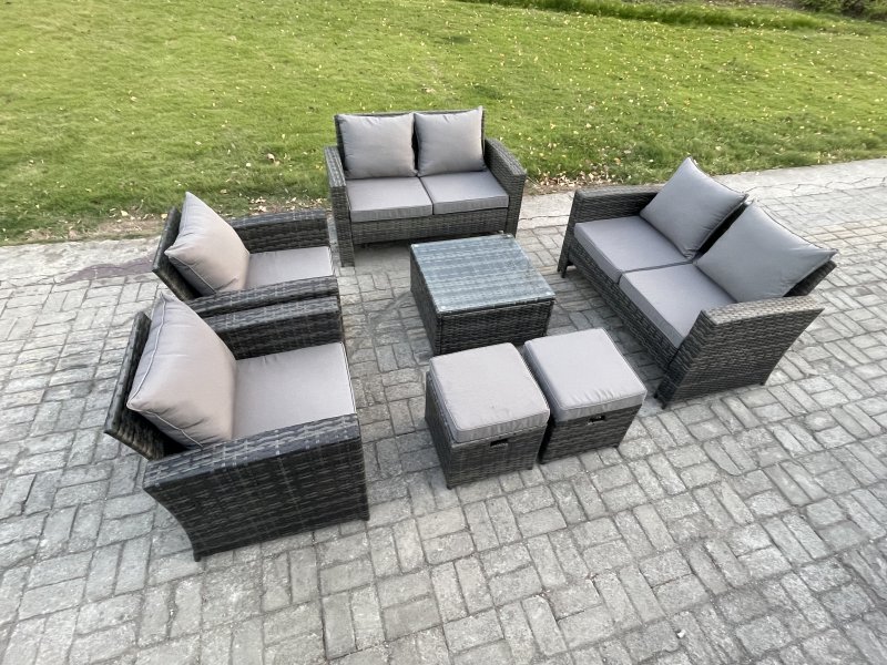 Fimous Rattan Garden Furniture Set Patio Outdoor Lounge Sofa Set with Square Coffee Table Double Seat Sofa 2 Small Footstools Dark Grey Mixed