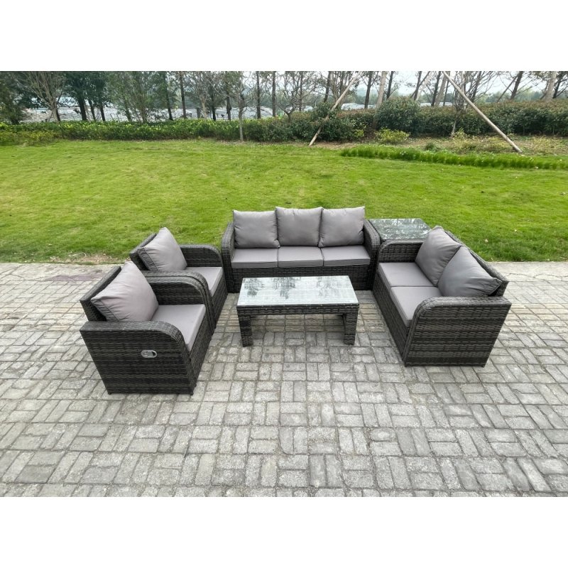 Fimous 7 Seater Outdoor Rattan Garden Furniture Set Patio Lounge Sofa Set with Rectangular Coffee Table Side Table Dark Grey Mixed