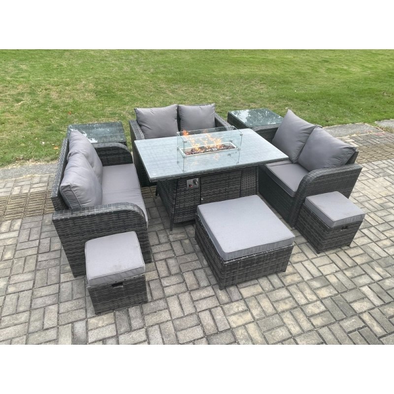 Fimous Outdoor Rattan Furniture Garden Dining Set Gas Fire Pit Table with 2 Side Tables Love Sofa 3 Footstools Dark Grey Mixed