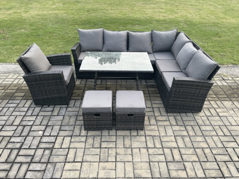 Fimous Outdoor Furniture Garden Dining Set Rattan Corner Sofa Chair Set Rectangular Dining Table with Temper Glass Footstools Dark Grey Mixed