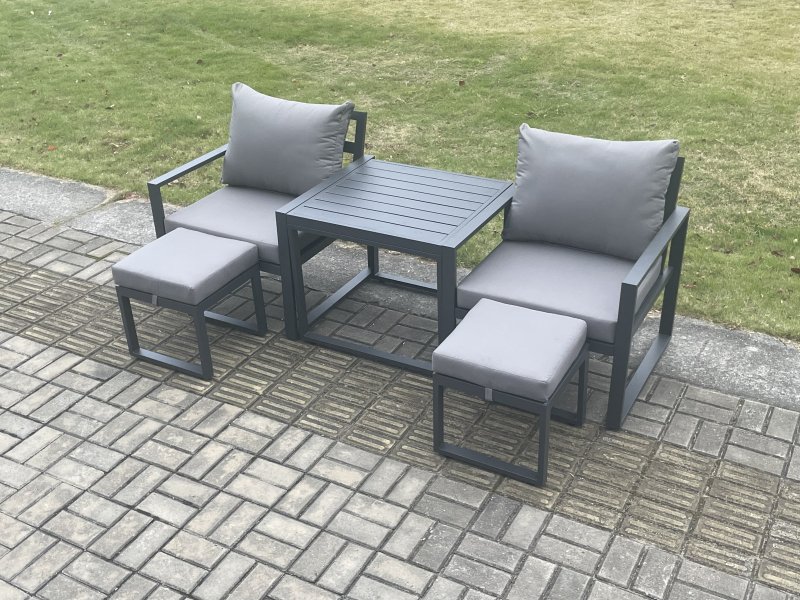 Fimous Aluminium 5 Pieces Garden Furniture Sofa Set Chair And 2 Small Footstool with Table Including Cushions Dark Grey