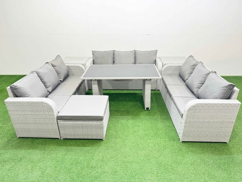 Fimous Patio Garden Furniture Sets with Black Glass Top Dining Table 3 Seater Sofa 2 Side Tables Big Stool Light Grey