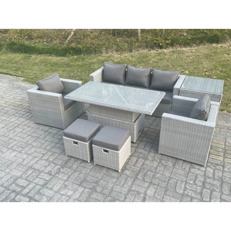 Fimous Rattan Garden Funiture Set Adjustable Rising Lifting Table Sofa Dining Set With 2 Arm Chair Side Table Stools