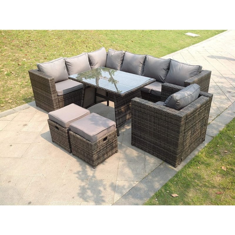 Fimous 9 Seater Grey Rattan Corner Sofa Set Dining Table Chair Foot Rest Garden Furniture Outdoor