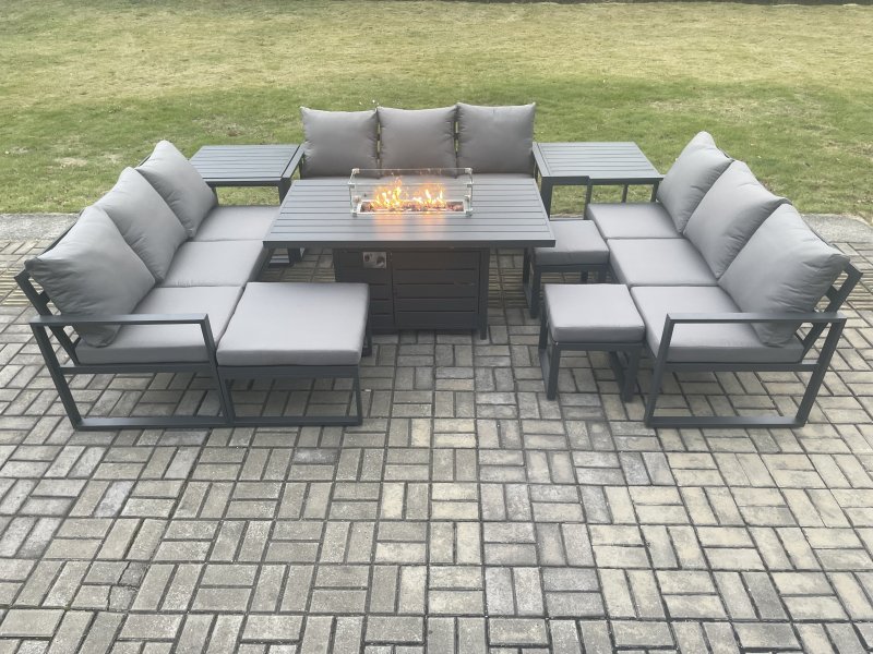 Fimous Aluminium Garden Furniture Outdoor Set Patio Lounge Sofa Gas Fire Pit Dining Table Sets with 3 Footstools 2 Side Tables Dark Grey
