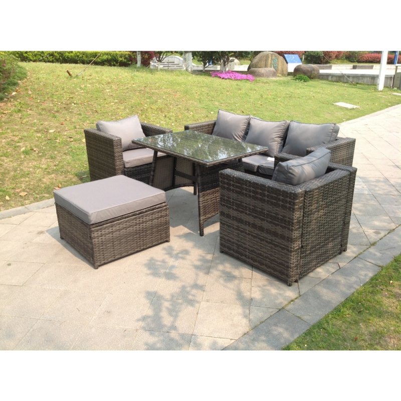 Fimous Grey Lounge Rattan Sofa Dining Table Set Chairs Garden Furniture Outdoor