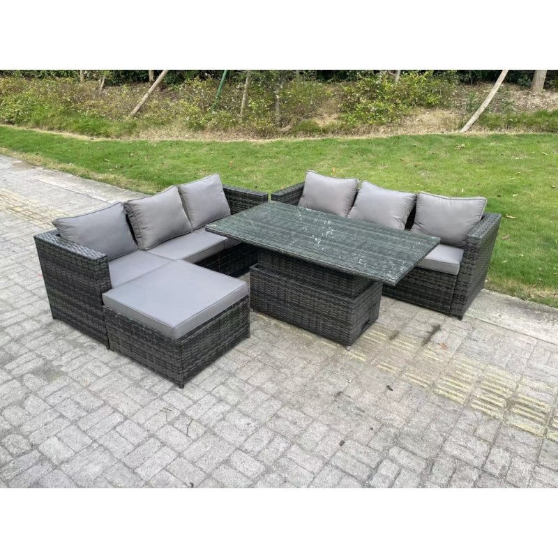Fimous 7 Seater Wicker PE Rattan Garden Furniture Sofa Set Outdoor Adjustable Rising Lifting Dining Table Set with Big Footstool Dark Grey Mixed