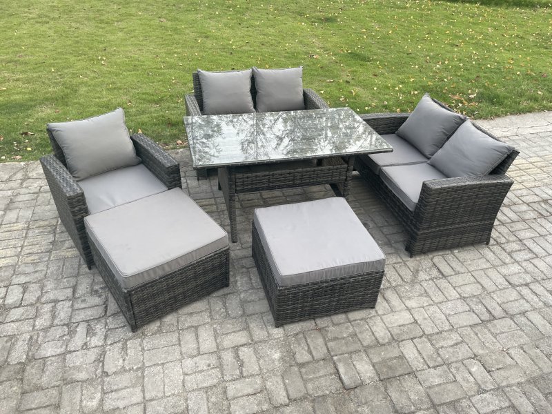 Fimous High Back Outdoor Garden Furniture Rattan Sofa Dining Table Set with Armchair 2 Big Footstool Dark Grey Mixed