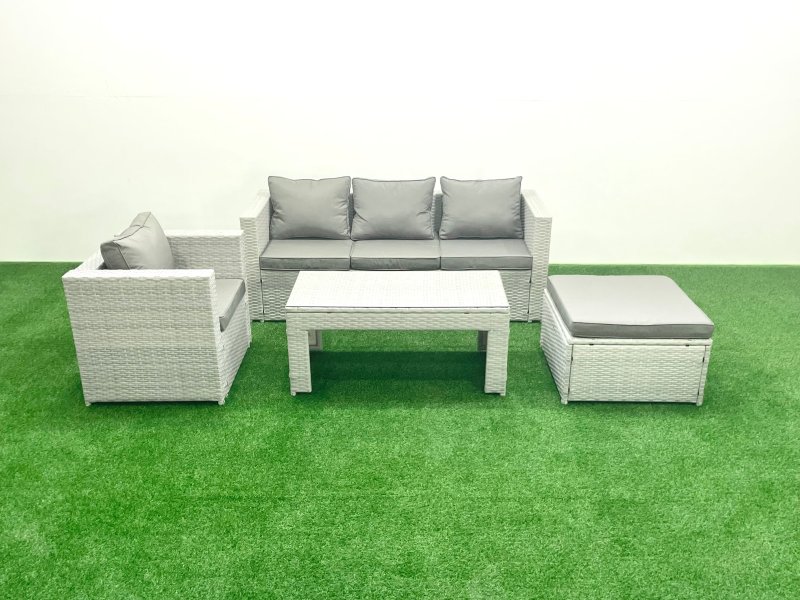Fimous Rattan Garden Furniture Set 4 Pieces Outdoor Garden Sofa Oblong Coffee Table Set with Chair Big Footstool Light Grey Mixed