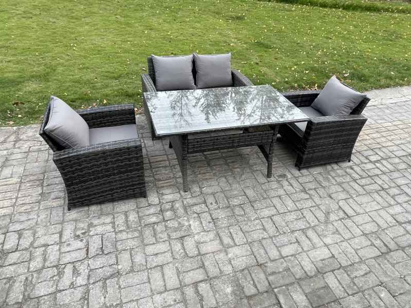 Fimous PE Wicker Outdoor Garden Furniture Set Patio Furniture Rattan Rectangular Dining Table Lounge Sofa Dark Grey Mixed