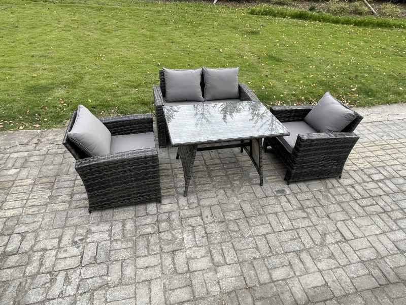 Fimous Outdoor Garden Furniture High Back Rattan Sofa Dining Table Set Dark Grey Mixed