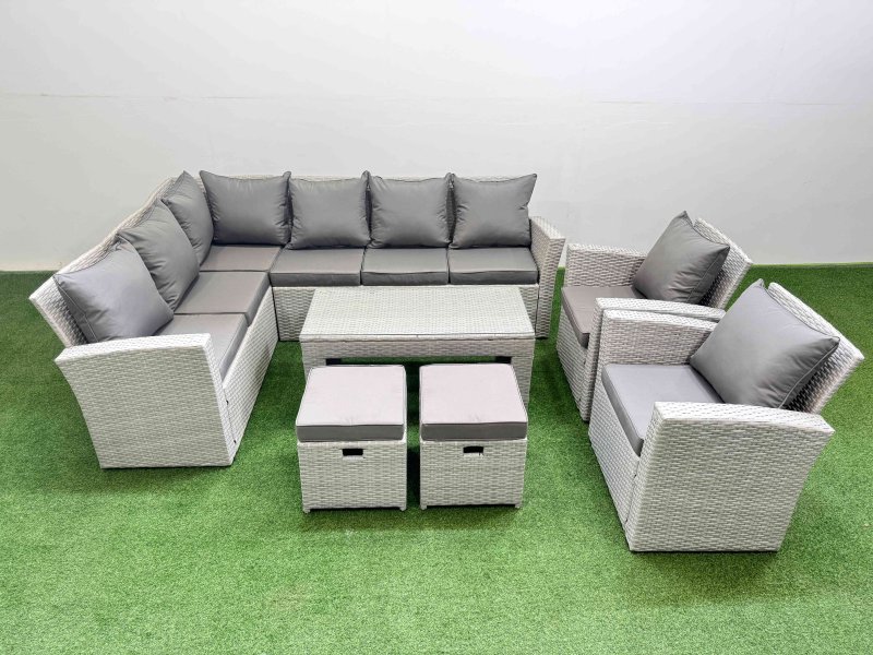Fimous Rattan Garden Furniture Set Outdoor 10 Seater Corner Sofa Sets with Oblong Coffee Table Chair 2 Small Footstool Light Grey Mixed