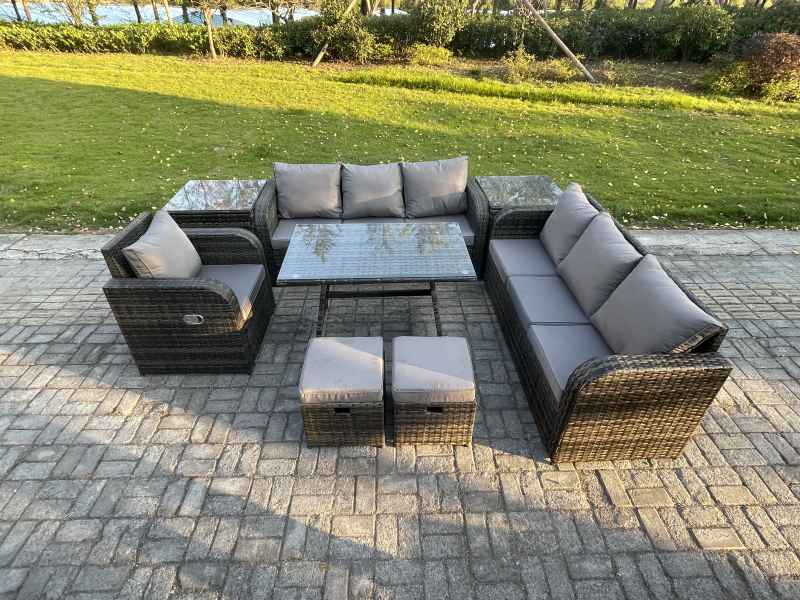 Fimous Wicker 8 Pieces Rattan Garden Furniture Sofa Set with Rectangular Dining Table Armchair 2 Small Footstools 2 Side Tables Dark Grey Mixed