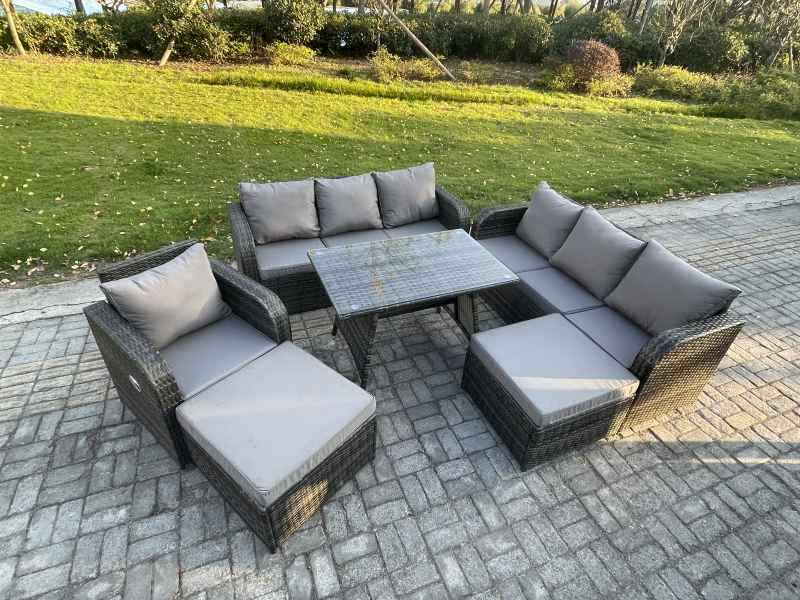 Fimous Rattan Garden Furniture Dining Set 9 seater Patio Rectangular Table 2 Big Footstool Dark Grey Mixed