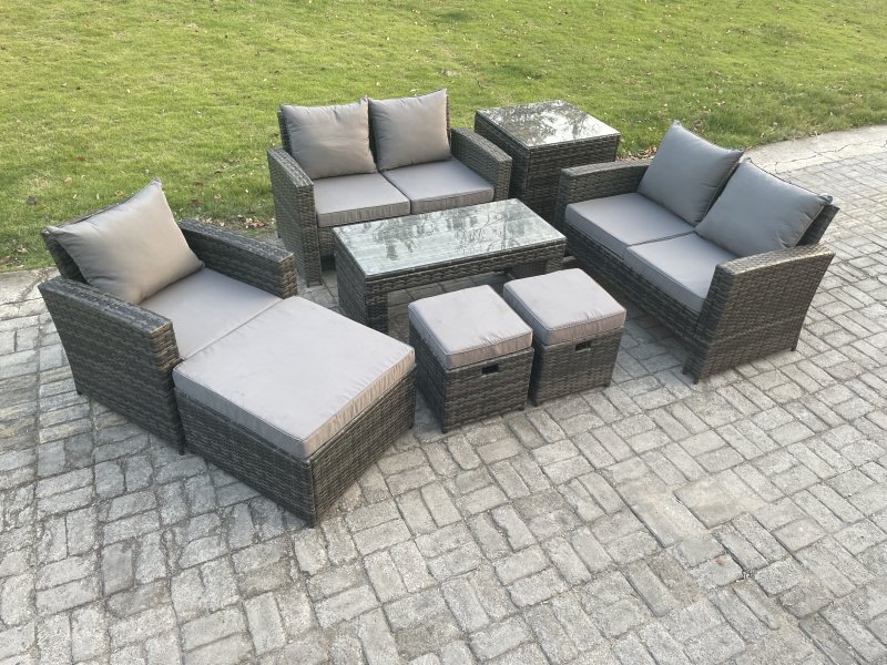Fimous Outdoor Rattan Patio Furniture Set Garden Lounge Sofa Set with Side Table 3 Footstools Coffee Table Dark Grey Mixed