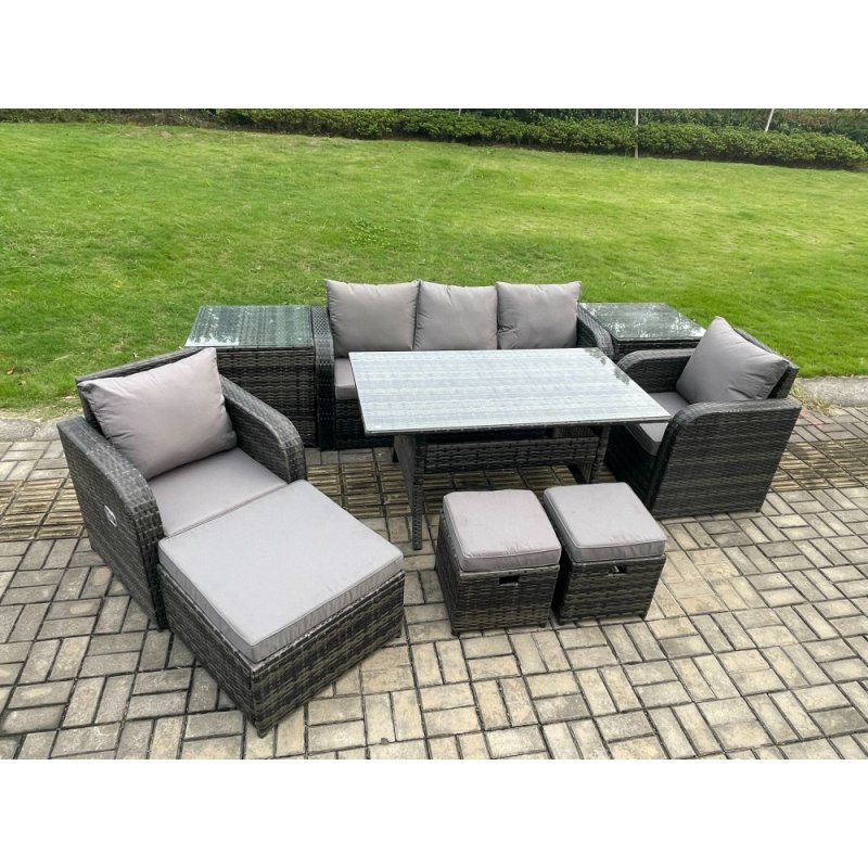 Fimous 9 Pcs Rattan Outdoor Garden Furniture Set Rectangular Dining Table and Chair Sofa Set With 2 Side Tables 3 Footstools Dark Grey Mixed