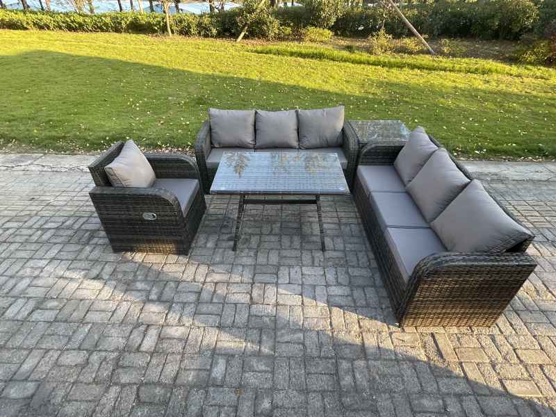 Fimous Outdoor Lounge Sofa Set Wicker PE Rattan Garden Furniture Set with Rectangular Dining Table Reclining Chair Side Table Dark Grey Mixed