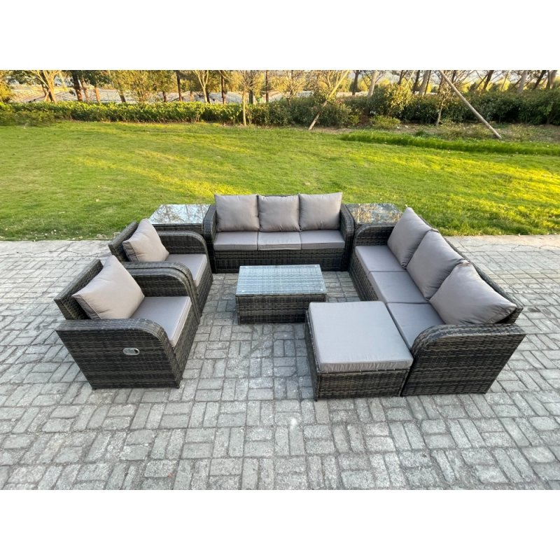 Fimous Rattan Outdoor Garden Furniture Sofa Set Patio Table & Chairs Set with 3 Seater Sofa Reclining Chair 2 Side Table Big Footstool Dark Grey Mixed