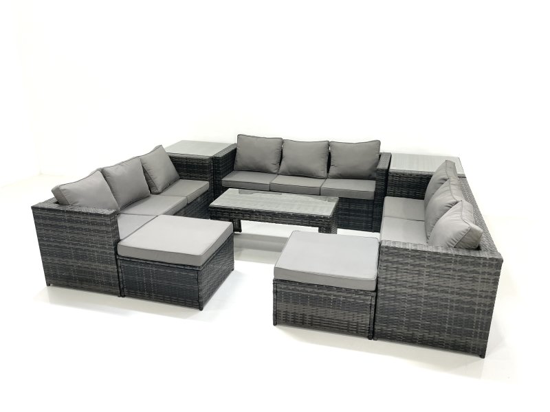 Fimous Outdoor Garden Furniture Set 8 Pieces Rattan Sofa Set with Coffee Table 2 Big Footstools Side Table Dark Grey Mixed