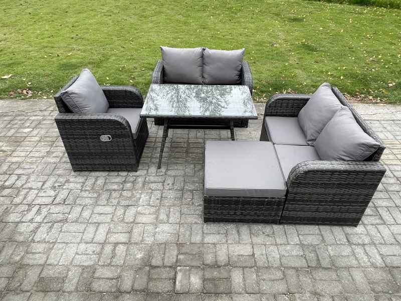 Fimous Outdoor Garden Dining Sets Rattan Furniture With Dining Table Armchairs Love Sofa Big Footstool Dark Grey Mixed