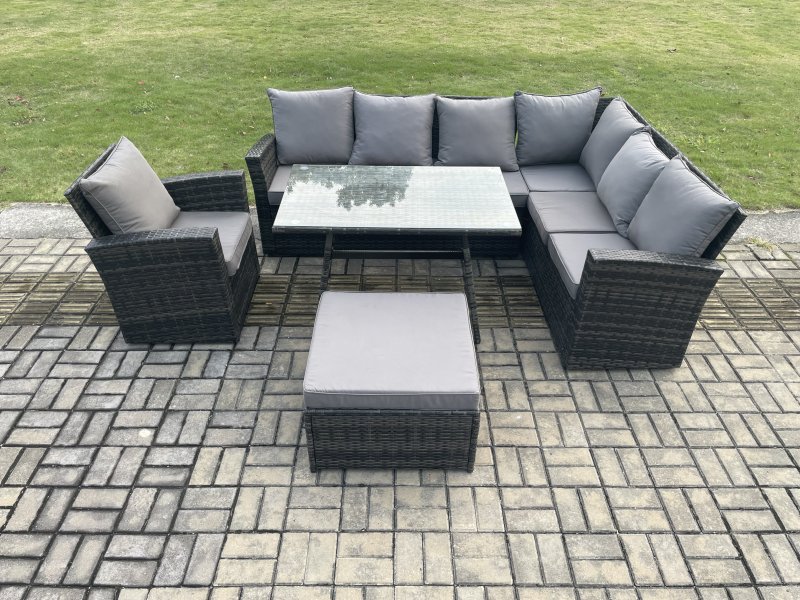 Fimous High Back Outdoor Garden Furniture Set Rattan Corner Sofa Dining Table Set With Armchair Big Footstool 8 Seater Dark Grey Mixed