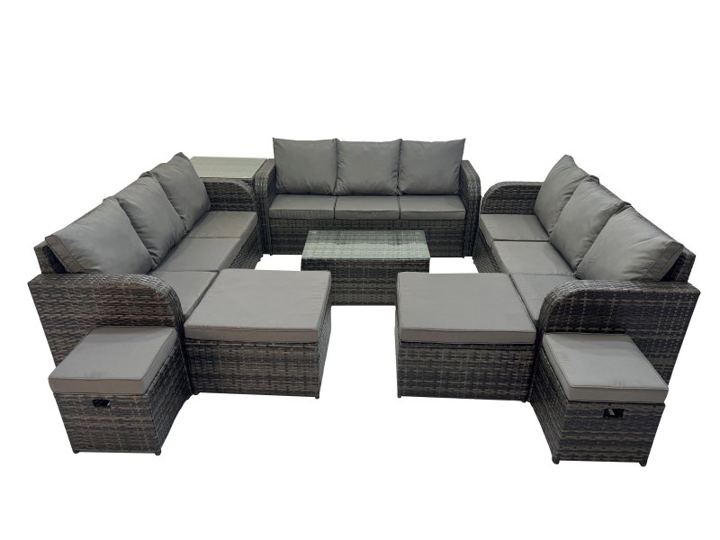 Fimous Outdoor 3 Seater Sofa Coffee Table Set Garden Rattan Furniture Set 13 Seater with Side Table 4 Stools Dark Grey