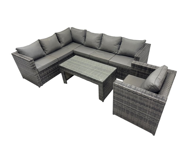 Fimous 4 Pieces Outdoor PE Rattan Garden Furniture Corner Sofa Oblong Coffee Table Set with Cushions Dark Grey Mixed