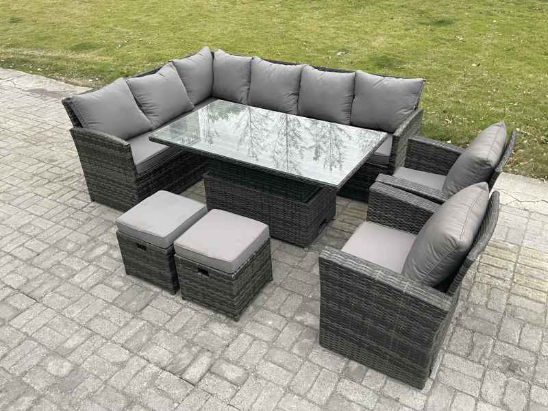 Fimous Outdoor Garden Furniture Set Wicker PE Rattan Height Adjustable Rising Lifting Table Sofa Dining Set with 2 Small Footstool 2 Armchairs Dark Grey Mixed