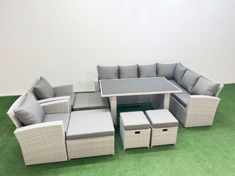 Fimous Outdoor Garden Furniture Sets 12 Seater Wicker Rattan Corner Sofa Sets with Rectangular Dining Table Lounge Sofa 4 Footstools Light Grey