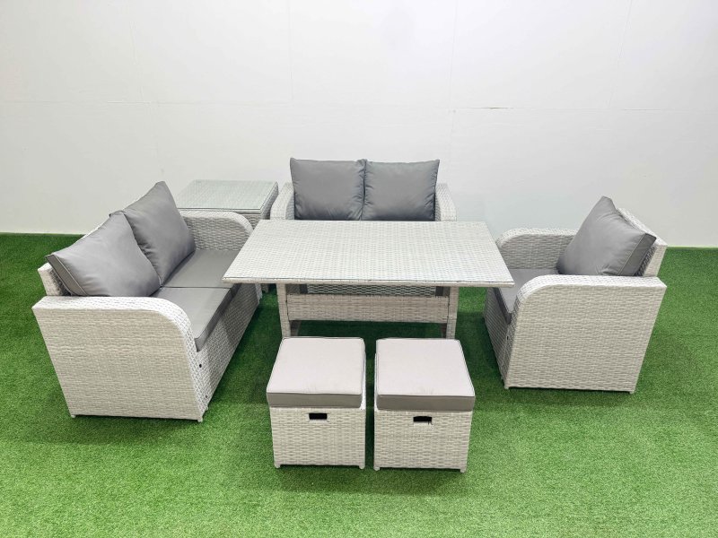 Fimous High Back Poly Rattan Garden Furniture Set with Reclining Chair Loveseat Sofa Rectangular Dining Table Indoor Outdoor Patio Set 2 Stool Side Table Light Grey