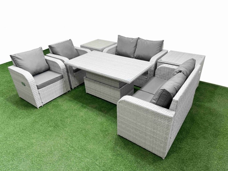 Fimous 6 Seater Outdoor Reclining Chair Love Sofa Set Rattan Garden Furniture Set with Adjustable Lifting Dining or Coffee Table 2 Side Tables Light Grey