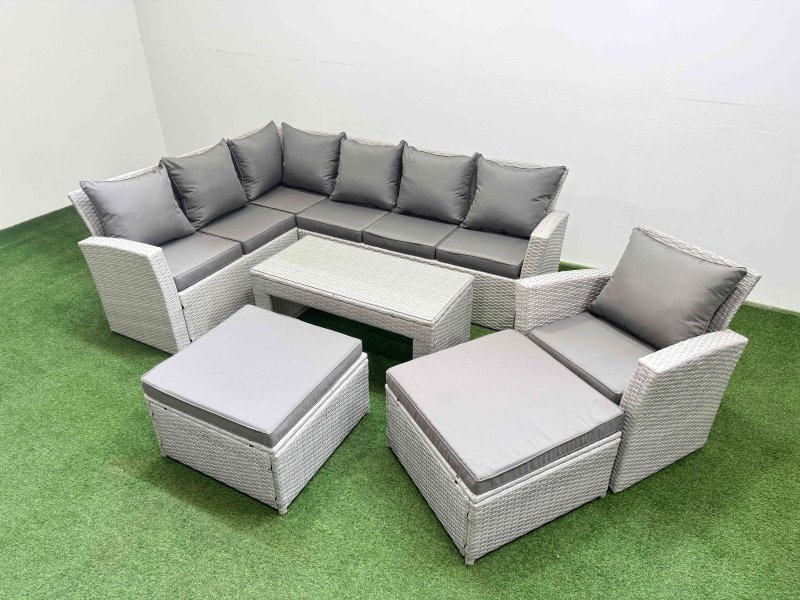 Fimous Rattan Garden Furniture Set Outdoor 9 Seater Corner Sofa Sets with Oblong Coffee Table Chair 2 Big Footstools Light Grey Mixed