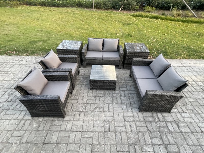 Fimous Rattan Garden Furniture Set Patio Outdoor Lounge Sofa Set with Square Coffee Table Double Seat Sofa 2 Side Tables Dark Grey Mixed