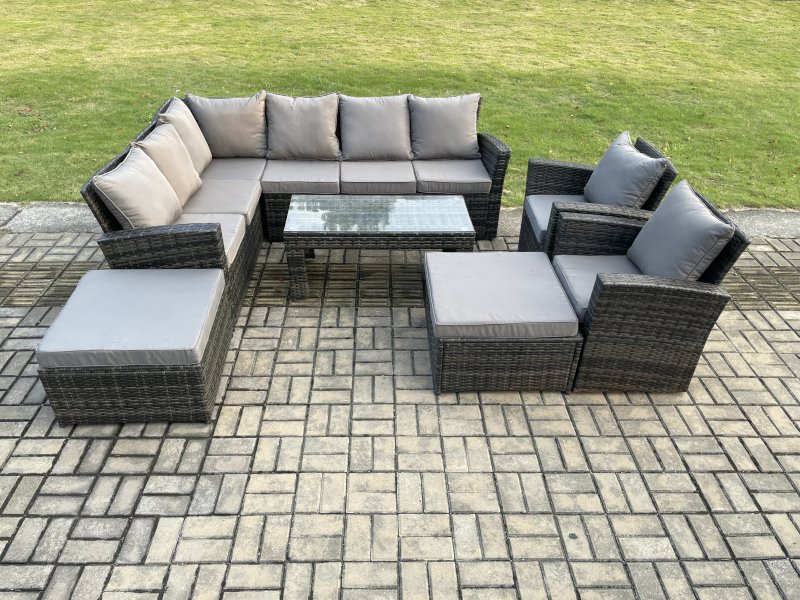 Fimous Outdoor Furniture Garden Dining Set Rattan Corner Sofa Set with 2 Armchairs 2 Big Footstool Dark Grey Mixed
