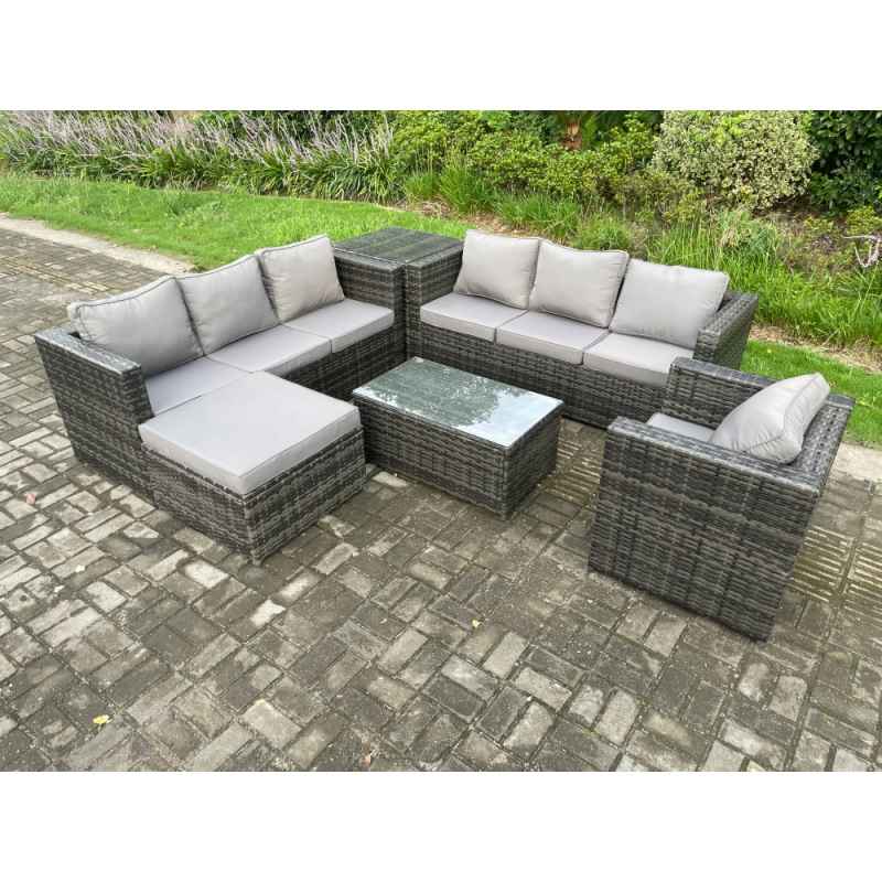 Fimous Wicker PE Rattan Sofa Set Outdoor Patio Garden Furniture with Armchair Oblong Coffee Table Side Table Big Footstool Dark Grey Mixed