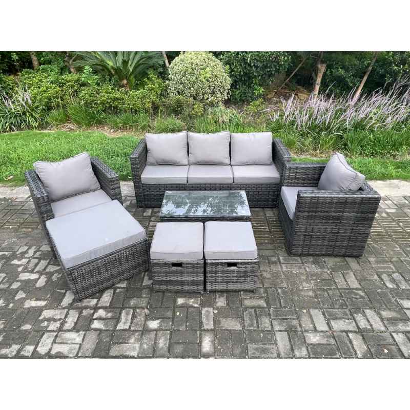 Fimous Outdoor Rattan Garden Furniture Set with 3 Seater Sofa Coffee Table 2 Armchairs 3 Footstools Patio Lounge Sofa Set Dark Grey Mixed