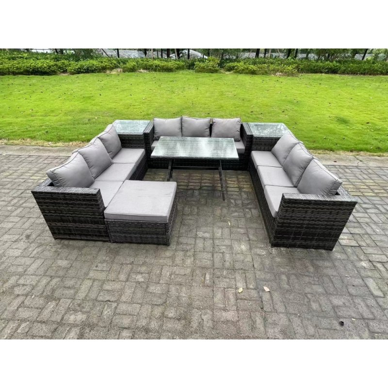 Fimous 10 Seater Wicker PE Rattan Outdoor Furniture Lounge Sofa Garden Dining Set with Dining Table 2 Side Tables Big Footstool Dark Grey Mixed