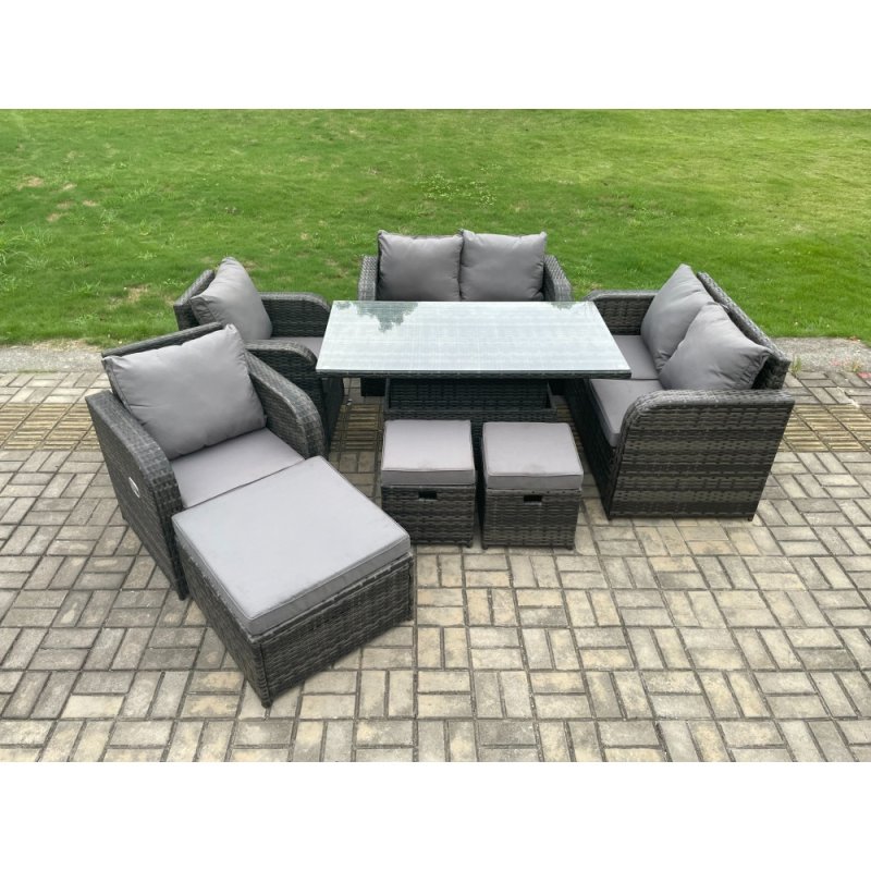Fimous PE Rattan Garden Furniture Set Height Adjustable Rising lifting Dining Table With Love Sofa Chair 3 Footstools