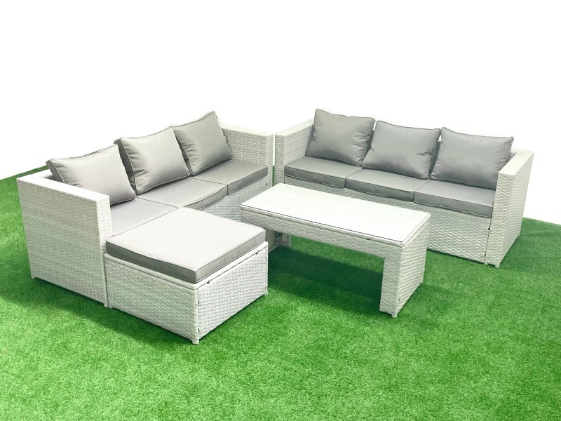 Fimous 7 Seater Garden Outdoor Rattan Furniture Set Rattan Garden Sofa Oblong Coffee Table with Big Footstool Light Grey Mixed