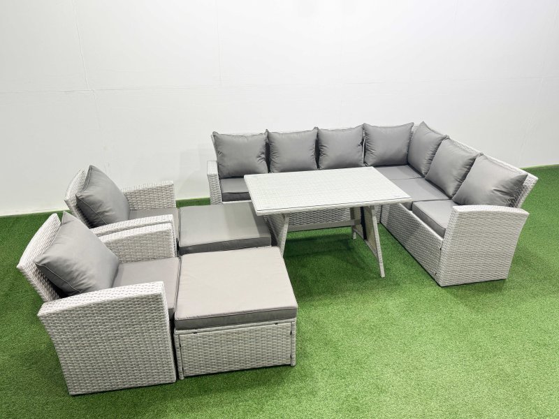 Fimous 10 Seater Garden Outdoor Rattan Furniture Set Rattan Corner Sofa Oblong Dining Table with 2 Armchairs 2 Big Footstools Light Grey Mixed