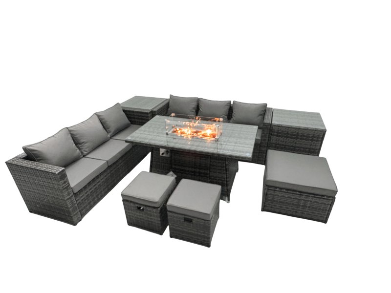 Fimous Rattan Garden Furniture Firepit Dining Set 9 Seater Lounge Sofa Table Set with 2 Side Table 3 Footstool