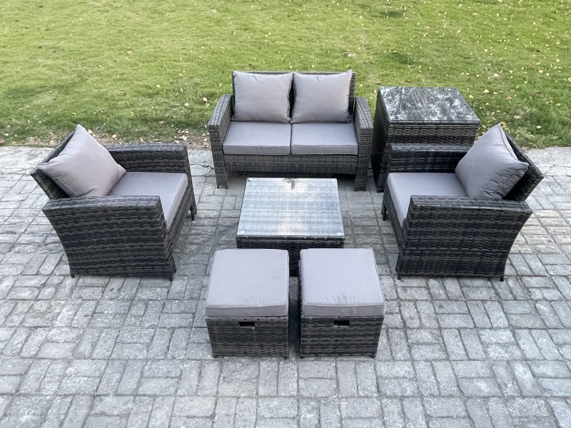 Fimous Outdoor Lounge Sofa Set Wicker PE Rattan Garden Furniture Set with Armchair Square Coffee Table Double Seat Sofa Side Table 2 Small Footstools Dark Grey Mixed