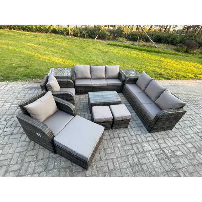 Fimous Rattan Outdoor Garden Furniture Sofa Set Patio Table & Chairs Set with 3 Seater Sofa Reclining Chair 3 Footstools 3 Seater Sofa 2 Side Tables Dark Grey Mixed