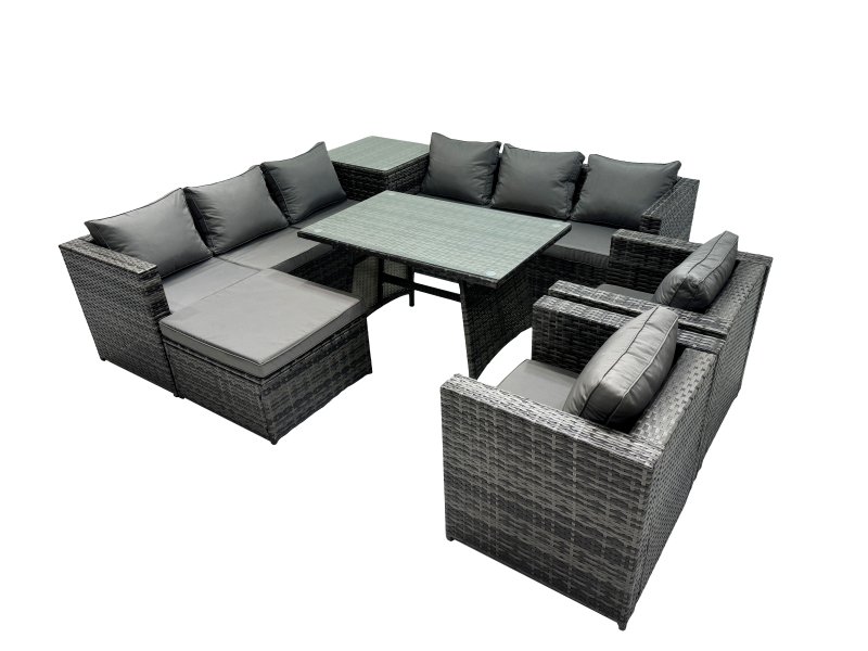 Fimous Outdoor Corner Sofa Chair Dining Table Set Garden Rattan Furniture Set 9 Seater with Big Stool Side Table Dark Grey